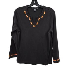 Vtg Halloween Embroidered Top Womens MED Black Pumpkin Border Spooky Witchy